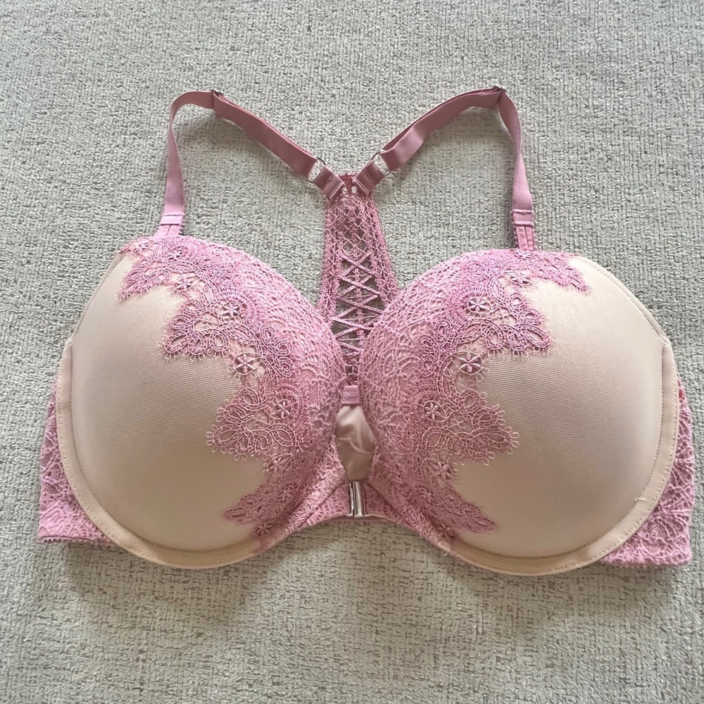 Victoria's Secret Dream Angels Push-Up Bra 36DD Pink Lace Racerback Front Close